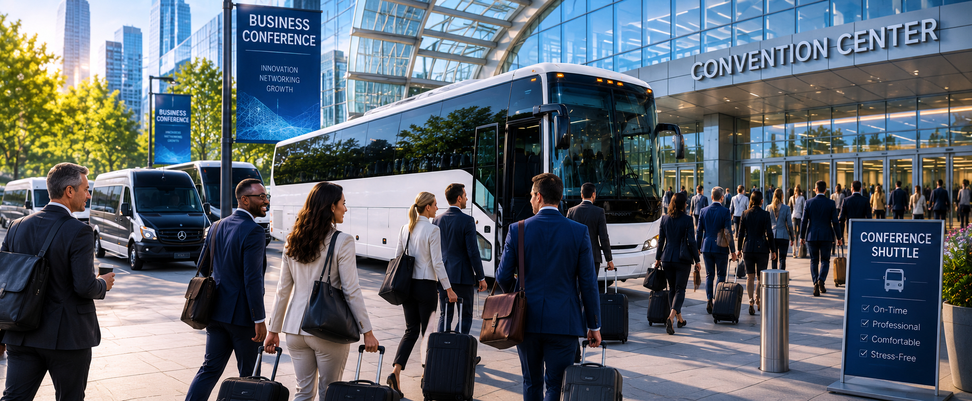 Corporate event planners meeting beside a luxury motorcoach