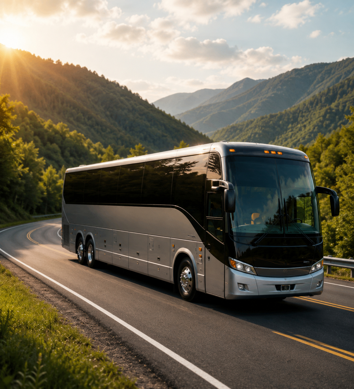 Charter coach traveling through a scenic mountain route