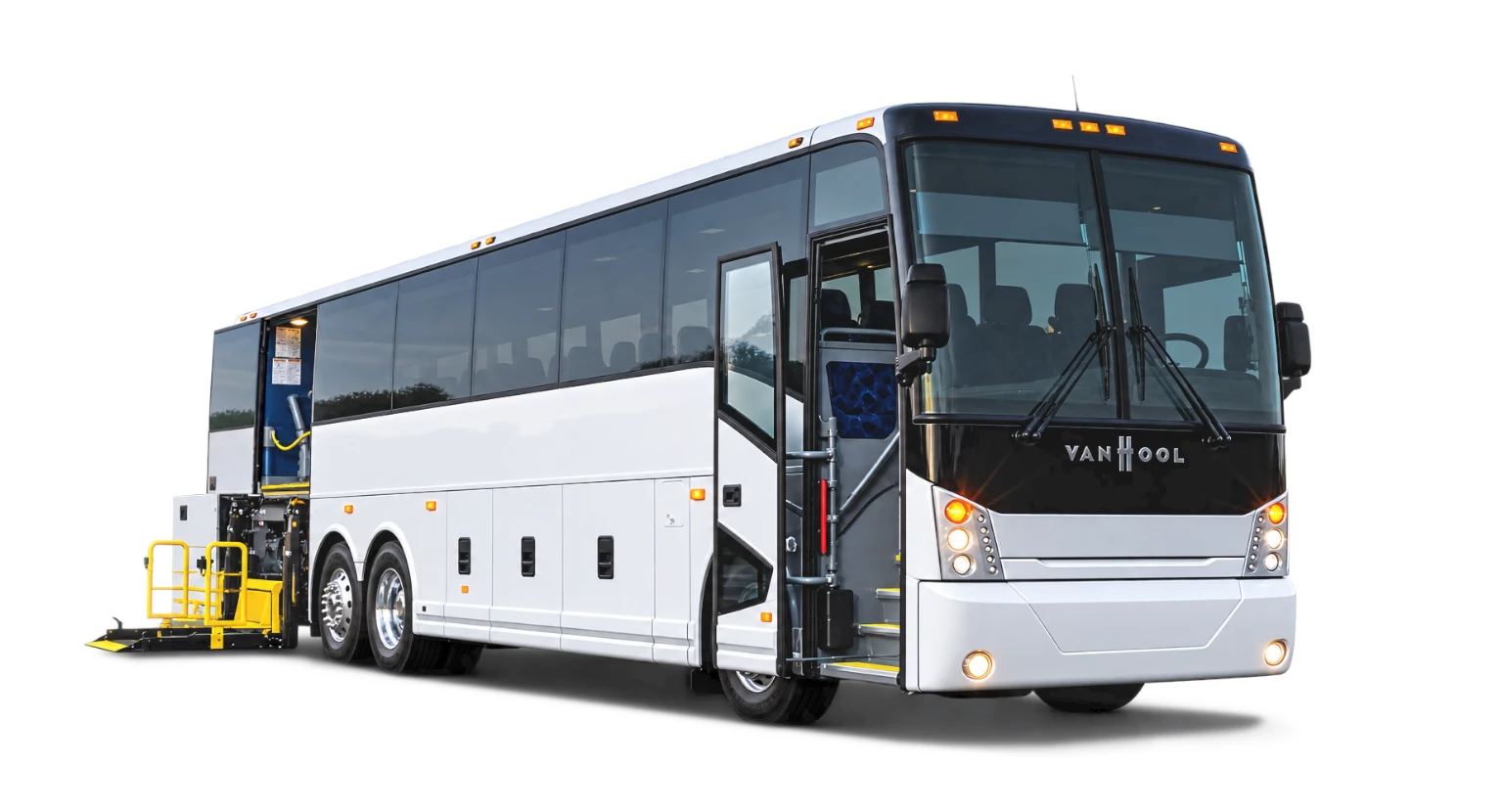 White 47-passenger ADA accessible coach bus with wheelchair lift