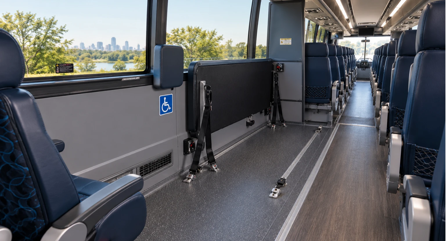 Wheelchair securement area inside an ADA accessible coach bus