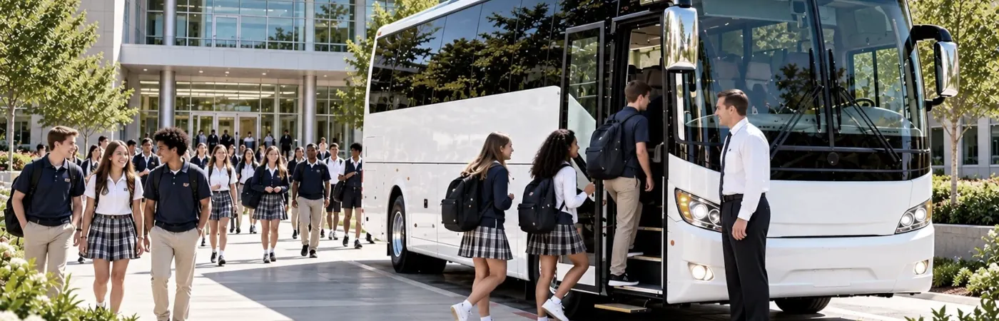 Students and chaperones traveling by charter bus for a school field trip