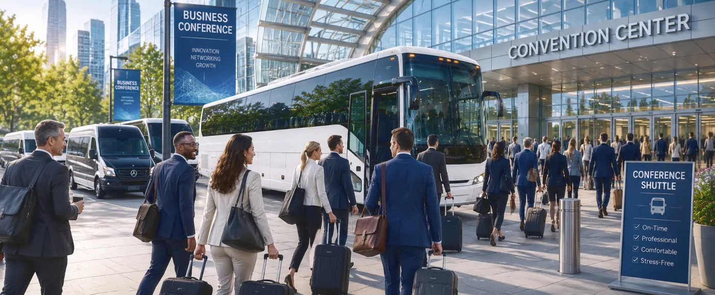 Corporate event planners meeting beside a luxury motorcoach