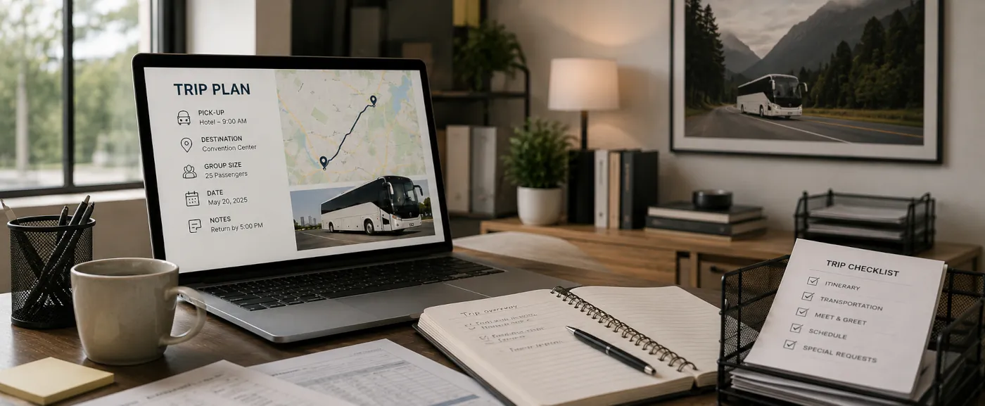 Travel planning notebook and coffee on a desk
