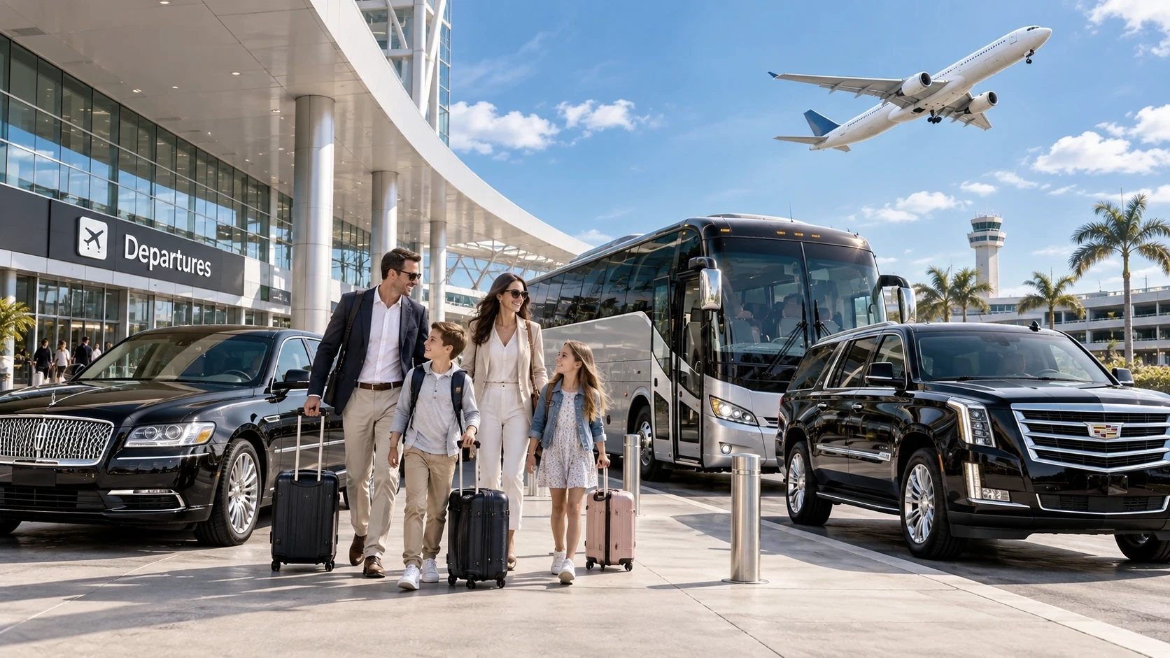Airport transportation with executive vehicles, coach bus and travelers