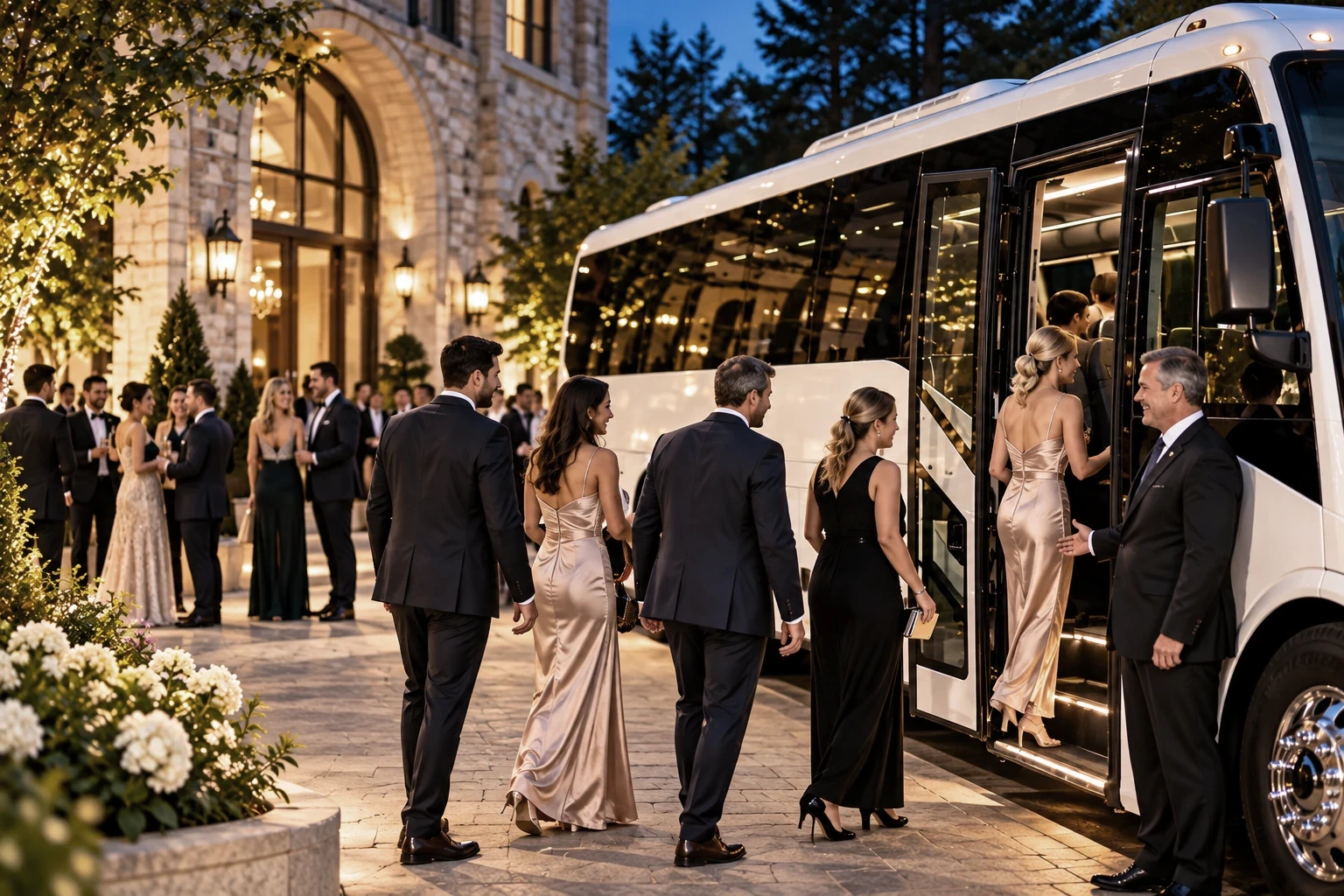 Wedding guests arriving by private luxury transportation