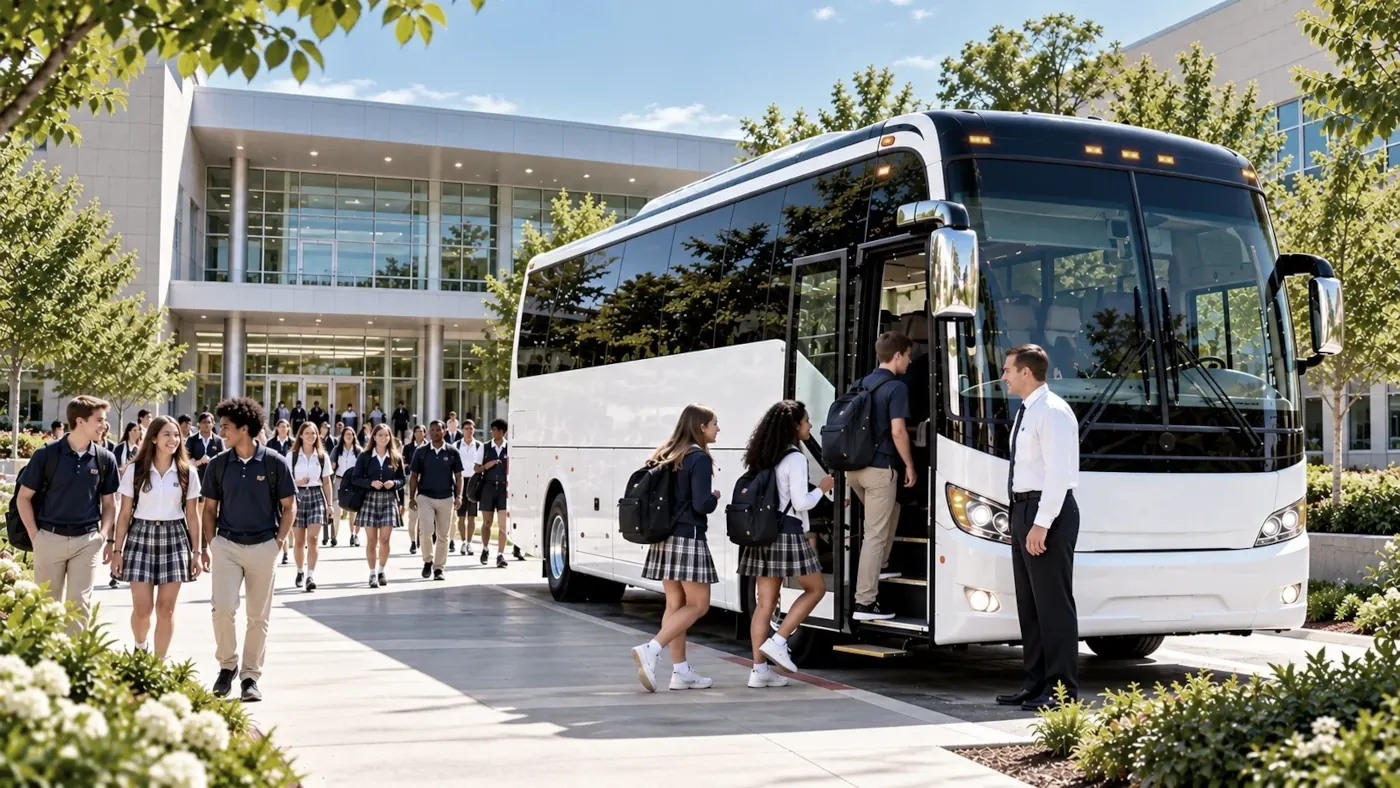 Students boarding professional school and university group transportation