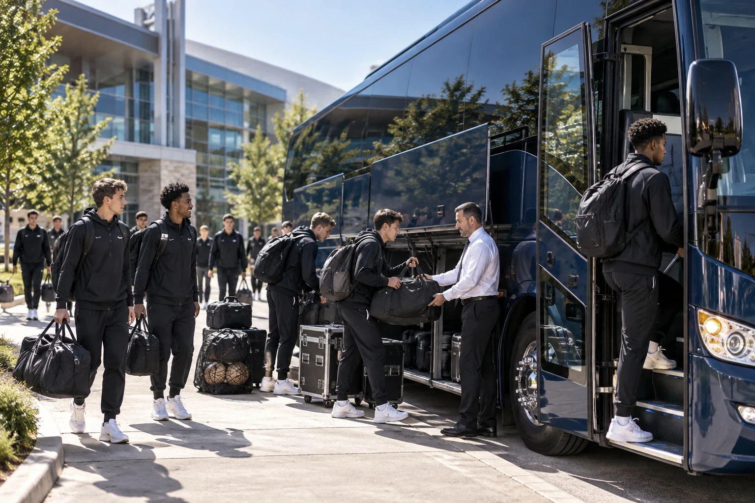 Sports team transportation with players and athletic equipment