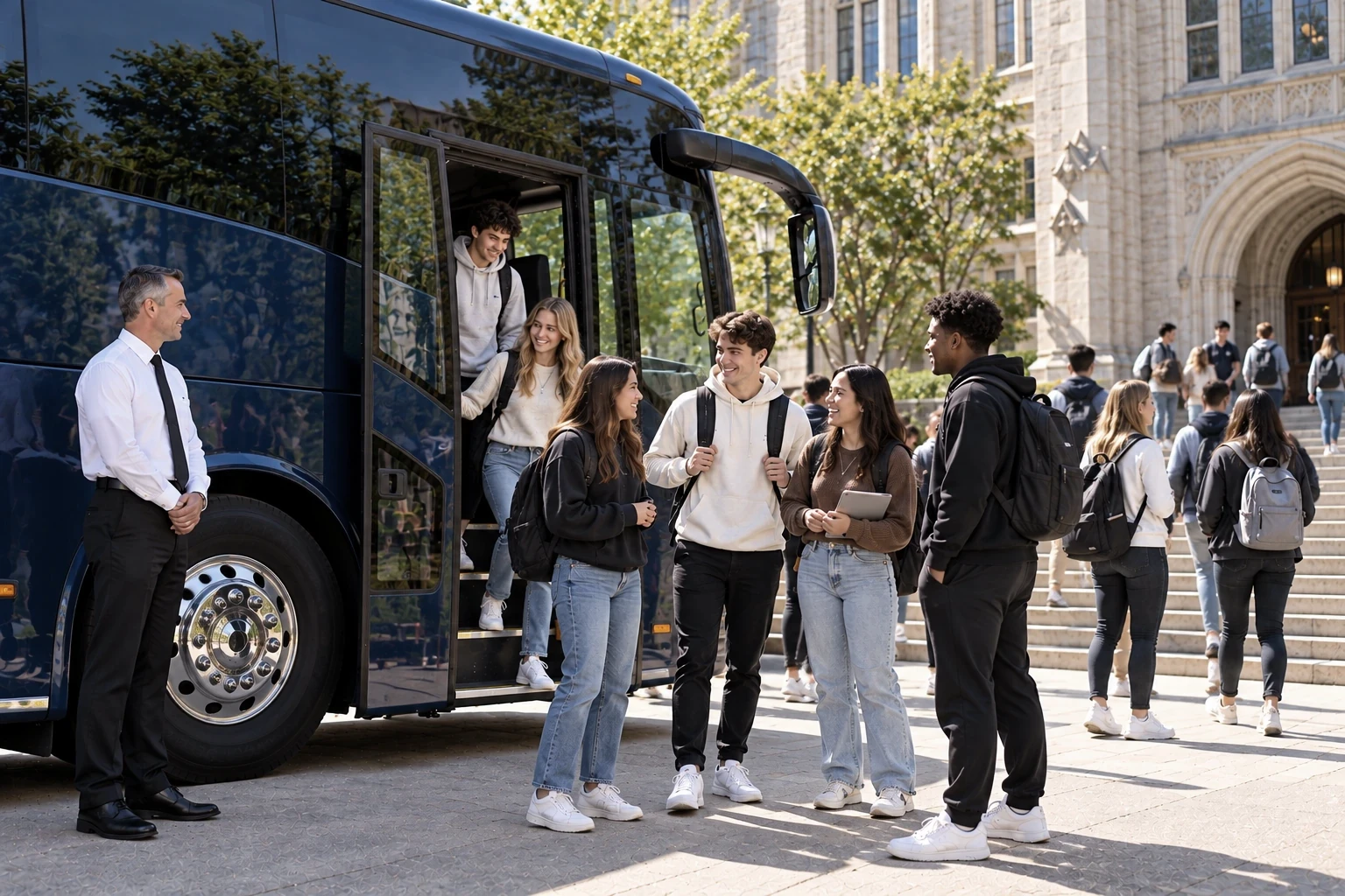 University students arriving by group transportation